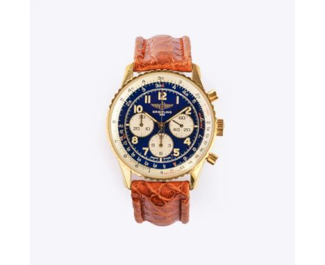Breitling. Herren-Armbanduhr 'Navitimer 92'. 1994. 18 kt. GG, gest., Automatik, Ref. K30021. Blaues Zifferblatt mit Sunburst-