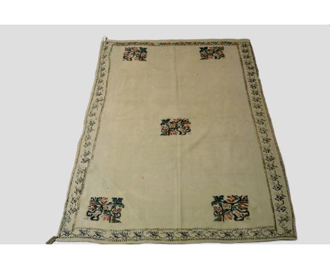 Four Anatolian cream ground flatweaves, all modern and all embroidered with flowers: the first with central floral spray repe