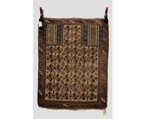 Two Baluchi prayer rugs, Khorasan, north east Persia, late 19th/early 20th century, the first with camel field, 3ft. 5in.x 2f