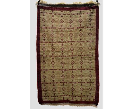 Two Konya tulus, central Anatolia, both modern, the first, flecked beige field with maroon all over design and plain maroon b