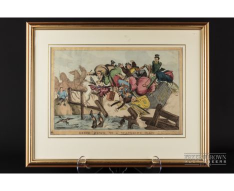William Heath (1795-1840) - 'Going down to a watering place', a 'patent safty [sic] coach' crashing off a wooden bridge while