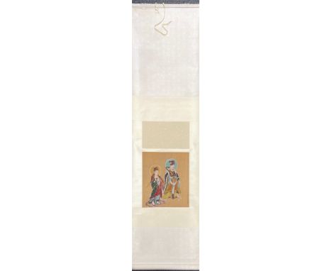A good quality Chinese silk mounted scroll printed on silk of two Deities, scroll size 48 x 19cm.