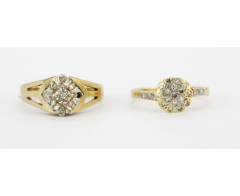 An early 9ct yellow gold diamond set cluster ring, together with a further 9ct gold diamond set cluster ring, (one stone miss