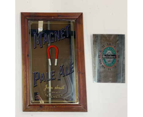 A large Magnet Pale Ale advertising sign, 58 x 89cm. together with a Heineken advertising mirror clock.
