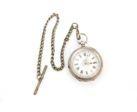 A pretty ladies silver fob watch, 0.935 quality with white metal chain and a selection of keys.