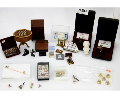 A quantity of dolls house studio items, including two bronze sculptures, taxidermy, a chess table and chess set, etc.