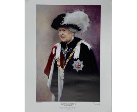 An unframed limited edition 129/1000 lithograph of Her Majesty Queen Elizabeth II pencil signed by Alistair Barford, 41 x 59c