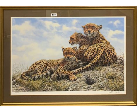 A large gilt framed limited edition 294/950 pencil signed lithograph of a big cat family by Seeley-Lester, frame size 93 x 69