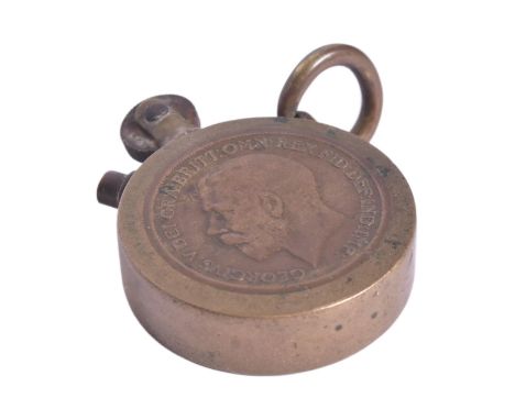 WWI First World War Interest - a brass trench art style cigarette lighter with inset penny coins to either side - a George V 