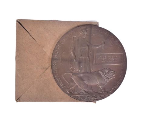 A WWI First World War Death Plaque / Death Penny to one Louis Cremon Johnston.&nbsp;Supplied with its original card envelope 