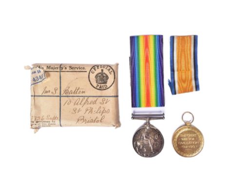 A WWI First World War medal pair awarded to one 189307 Pte S Batten of the Labour Corps. The medals impressed to the rim and 