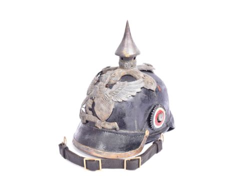 A WWI First World War Imperial German / Prussian Grand Duchy of Baden Officers Pickelhaube helmet. Leather bodied helmet with