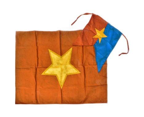 A Vietnam War era N.V.A North Vietnamese Army flag with yellow linen star along with some Vietcong bunting. Flag measures app