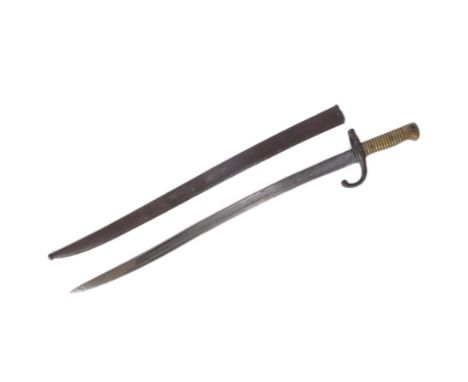 A 19th Century French 1866 pattern ' Chassepot ' rifle bayonet. The bayonet having ribbed brass hilt, muzzle ring and forward