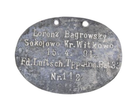 A WWI First World War Imperial German / Prussian Army soldiers dog tag for a soldier who served in the Field Aviation Search 