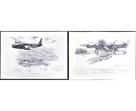 WWII Second World War Interest - x2 Lancaster Bomber related autographed prints. The first 'Wellingtons Over Wellesbourne' si