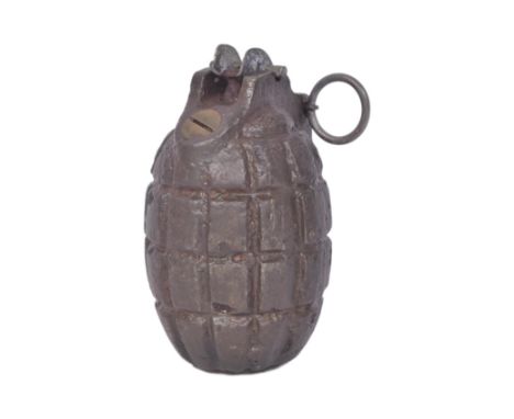 A WWI First World War British Army INERT No. 5 mills bomb / hand grenade with replacement lever, ring and pin. The screw in b