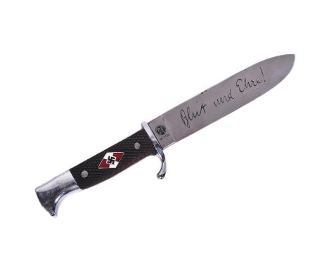 A WWII Second World War Third Reich Nazi German HJ Hitler Youth dagger. The dagger with hooked pommel and chequered grip inla