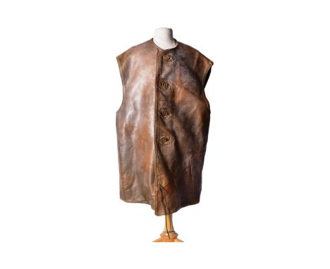 A WWII Second World War British Army brown leather jerkin. The single-breasted, four-buttoned, sleeveless jerkin having soft 