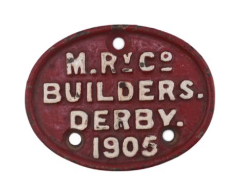 Railwayana - an early 20th Century cast iron bridge plate reading M. R v Co Builders Derby 1905. Red with raised white letter