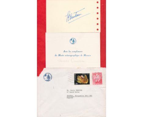 Jacques Cousteau signed 5x3 album page. Jacques-Yves Cousteau, AC was a French naval officer, oceanographer, filmmaker and au