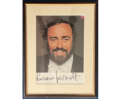 Music Luciano Pavarotti signed 14 x 12 inch colour Decca records photo. Very nicely framed in black with cream mount. Overall