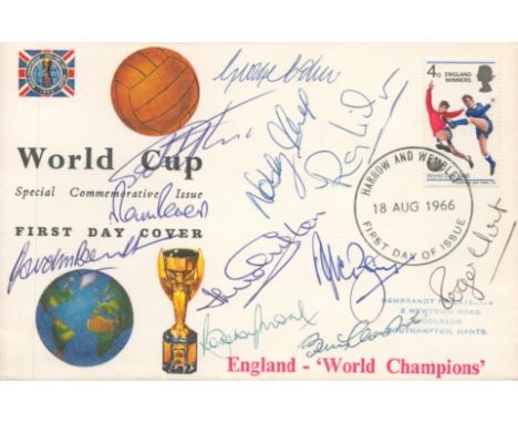 1966 Complete Team signed World Cup FDC. The cover has Harrow and Wembley rare postmark and was originally signed by Bobby Mo