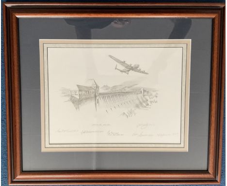 Original Attacking the Eder Dam Nicholas Trudgian pencil drawing signed by him and WW2 Dambuster raid veterans G Johnson, Ken