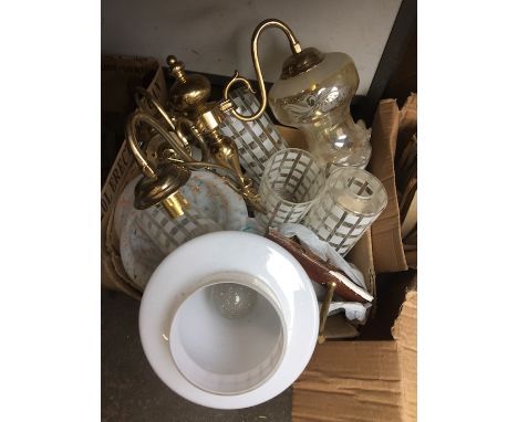 A box of light fittings to include 10 vintage 60s wall light shades including fittings, a brass chandelier, etc 