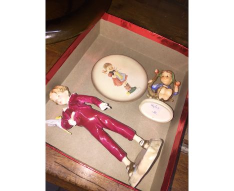 Worcester figure The Parakeet and two Hummel items 