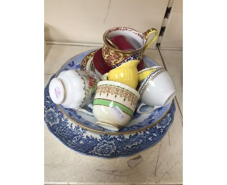 A mixed lot of cabinet china comprising a blue and white plate and bowl, four cups and saucers including one with a Vienna ma