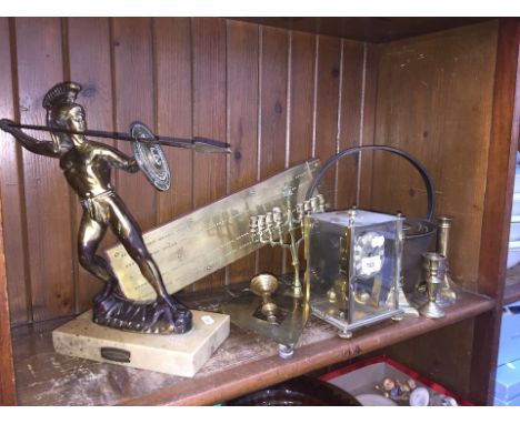 Brassware inc. jampan, cribbage boards and a warrior figure 