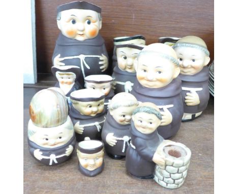 A collection of Goebel Monk china including jugs and pots, one jug a/f