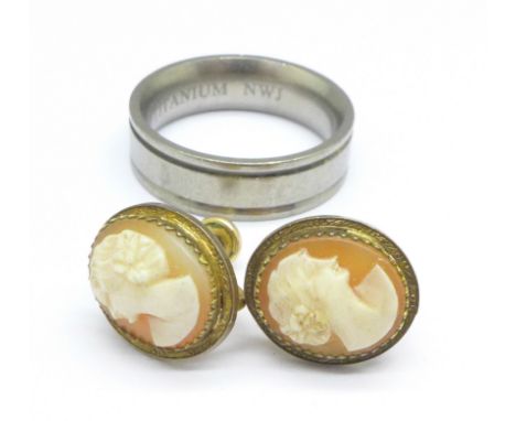 A titanium ring and a pair of gold filled cameo earrings