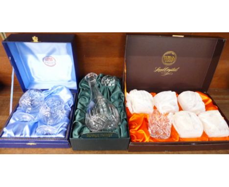 A Royale County lead crystal decanter, six Webb tumblers, and two Thomas Webb brandy glasses, all boxed
