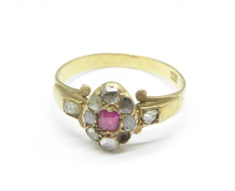 A 19th Century, 9ct gold, ruby and rose cut diamond ring, 1.8g, K