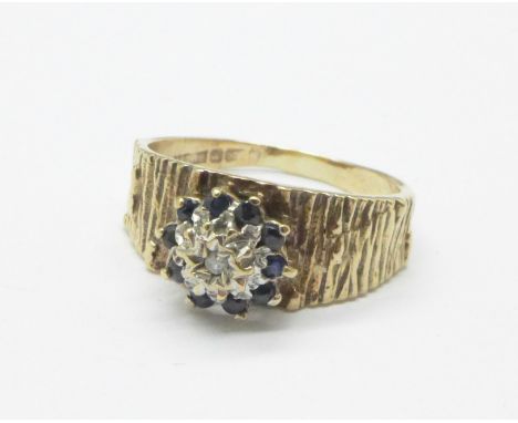 A 9ct gold, sapphire and diamond ring, 3.2g, N