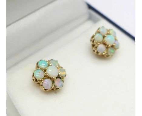 A pair of hallmarked 9ct gold and opal cluster earrings, 2.9g