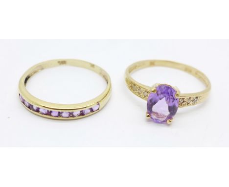 A 9ct gold, amethyst and diamond ring and a 9ct gold and amethyst ring, N and O