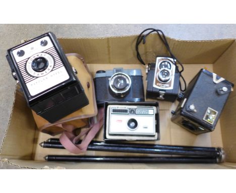Cameras including Kodak Brownie and Conway and a tripod