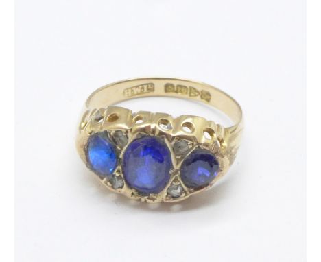 An 18ct gold, sapphire and diamond ring, Chester hallmark, 2.8g, O