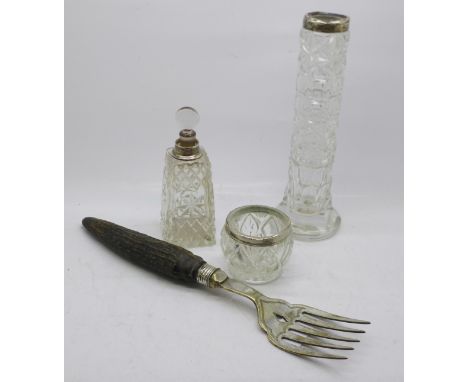 Three items of silver mounted glassware and a horn handled fork