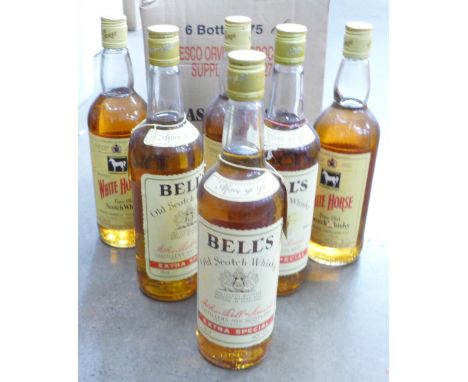 Three bottles of White Horse Whisky and three bottles of Bells Scotch Whisky