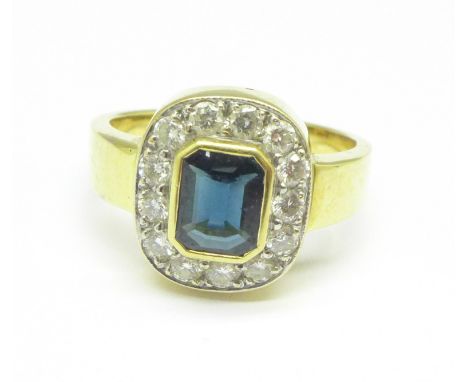 An 18ct gold, sapphire and diamond cluster ring, 8.2g, R