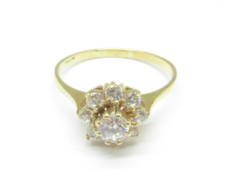 A yellow metal, white stone cluster ring, 1.8g, N