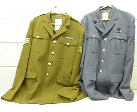 A RAF Flight Sargeant No.1 dress uniform jacket and an Army Staff Sargeant No.2 dress uniform jacket with insignia decoration