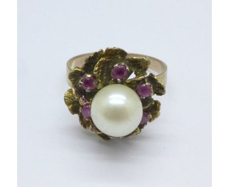 A 9ct gold, pearl and red stone cluster ring, 3.6g, O