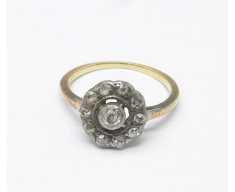 An old cut diamond cluster ring, shank a/f, 2.3g, I