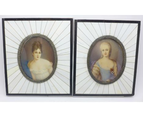 Two portrait miniatures in faux ivory and ebony inlaid frames