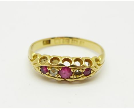 An 18ct gold and ruby ring, one stone missing, 2.5g, N